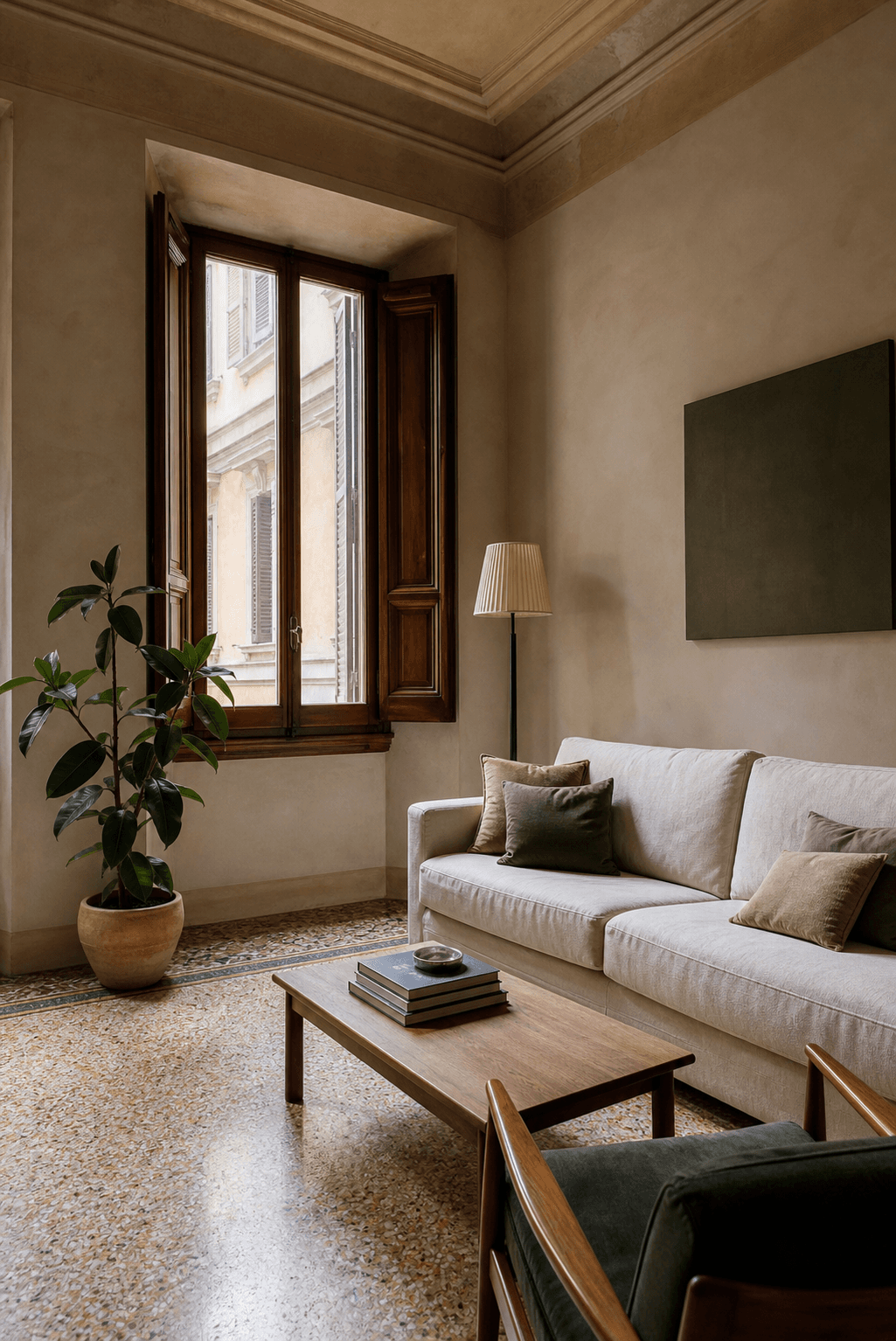 Soggiorno luminoso di un appartamento italiano con pavimento in terrazzo, persiane e arredi curati