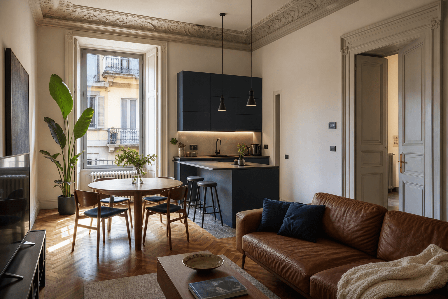 Appartamento italiano ristrutturato con cucina a vista, parquet e soffitti decorati