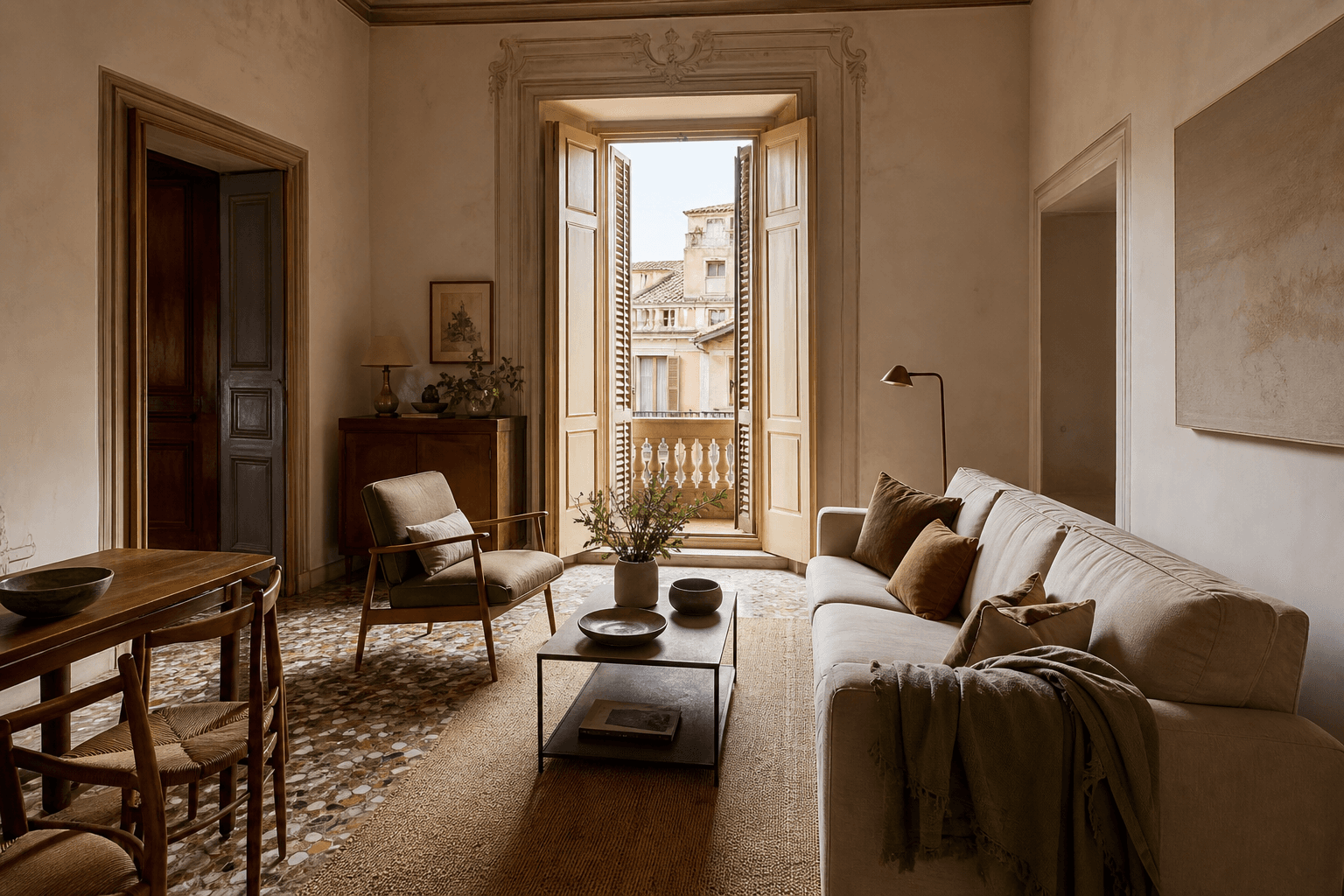 Soggiorno di un appartamento in un palazzo storico italiano con balcone e persiane