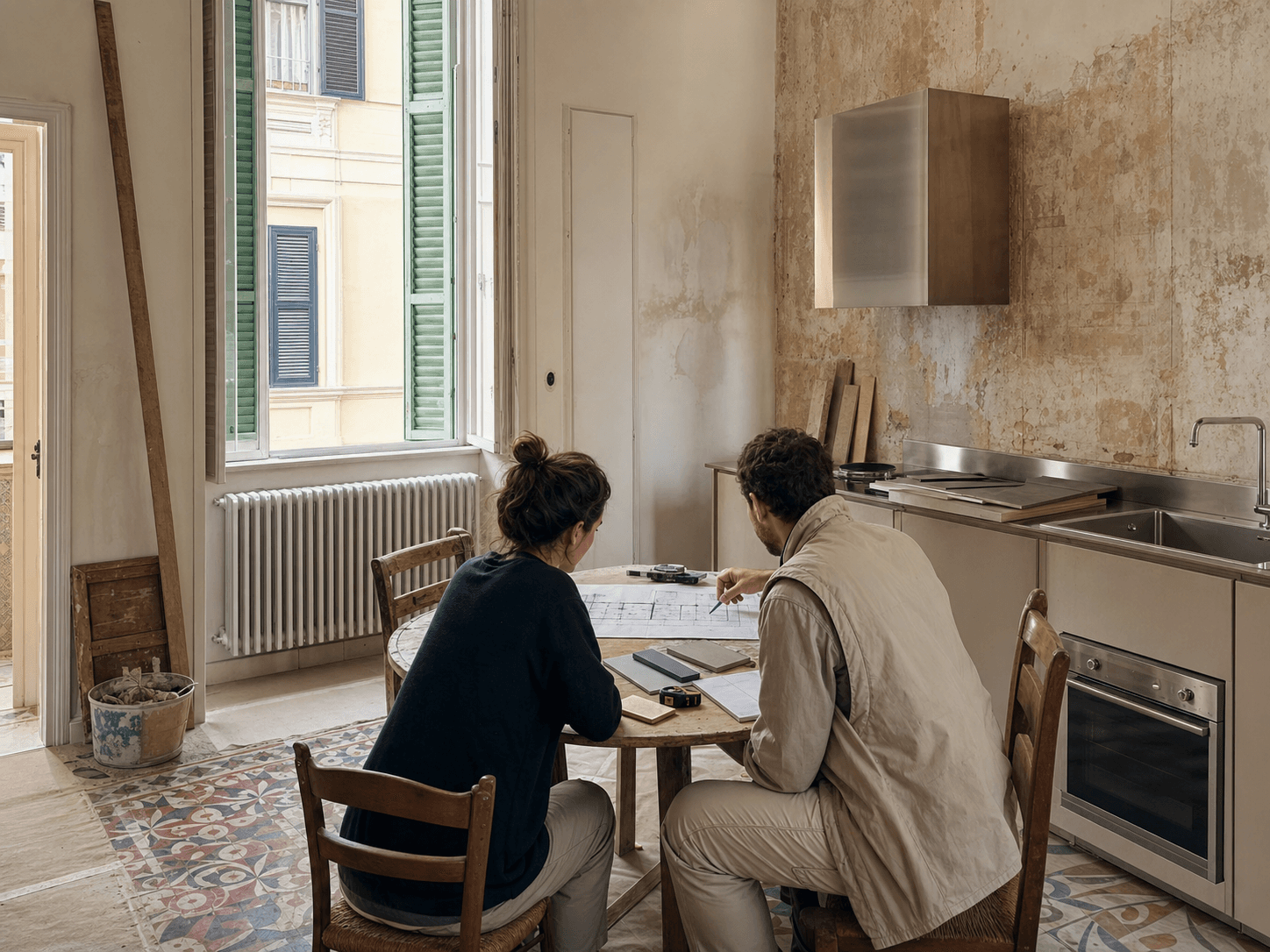 Architetto e responsabile di cantiere esaminano una planimetria durante la ristrutturazione di un appartamento italiano