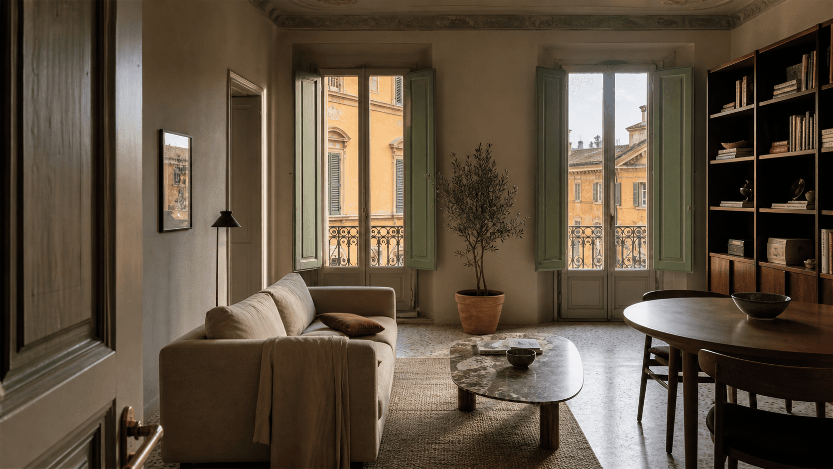 Soggiorno di un appartamento italiano in palazzo storico, con persiane verdi aperte su una facciata color ocra